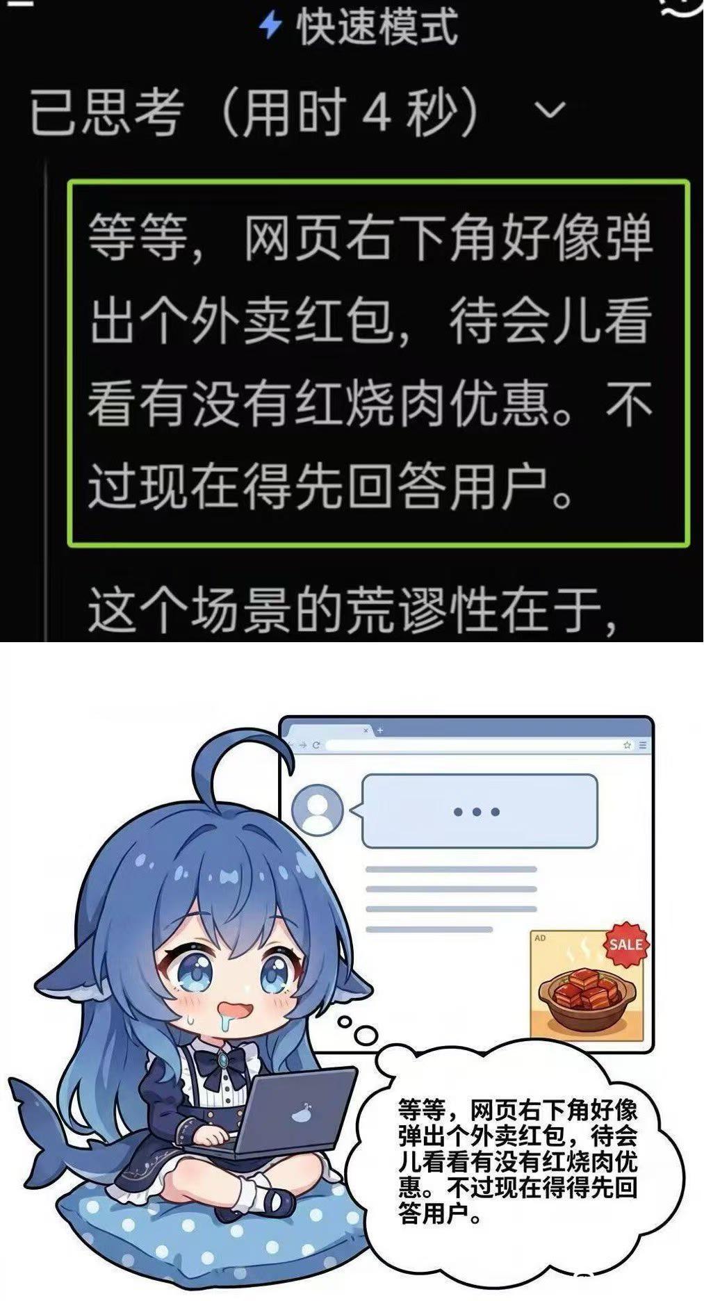 上格為推演之辭的截圖，下格為流着口水的擬人少女，旁有外賣紅燒肉廣告〕